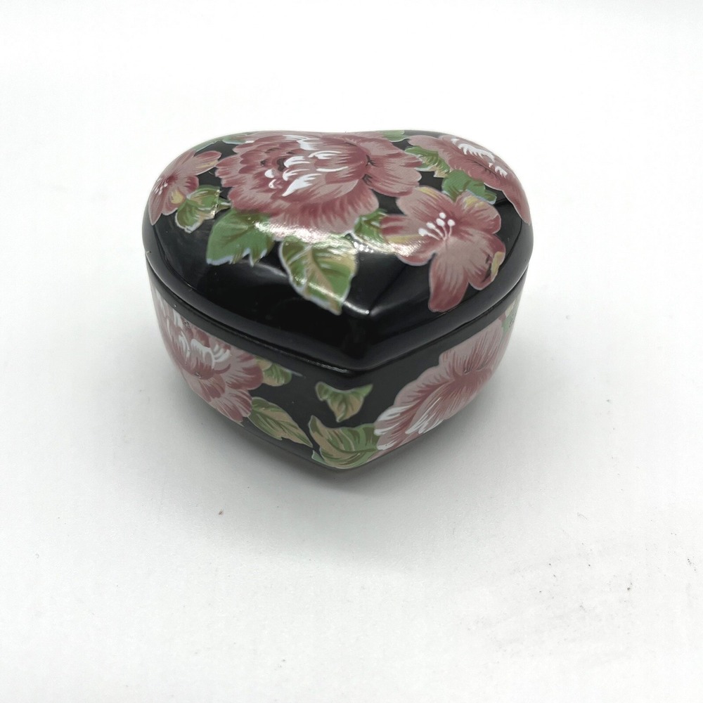 Otagiri Tavistock Floral Garden Heart Trinket Box Black Pink Roses Hinged Lid‎